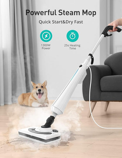 Steam Mops for Floor Cleaning, 1300W Floor Steamer with Detergent Chamber, 25S Heat Up, Lightweight Steamer for Cleaning with 2 Washable Pads, Safe for Tiles, Upholstery, Carpet, Hardwood