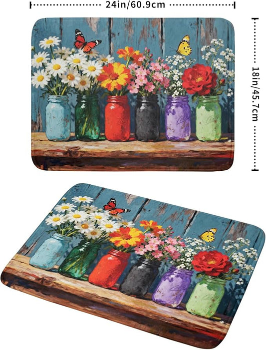 Spring Summer Floral Dish Drying Mat for Kitchen Counter 18x24 Woodgrain Colorful Flower Butterfly Seasonal Absorbent Reversible Microfiber Drying Mats Kitchen Countertop Protector Dishes Drainer Pad