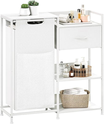 Somdot Laundry Hamper with Fabric Drawer and Shelves, Laundry Basket Sorter with 15.8 Gallons (60L) Pull-Out and Removable Bag, White Leather