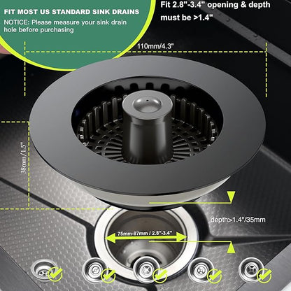 Sink Drain Strainer, 3 in 1 Kitchen Sink Drain Strainer, Kitchen Sink Stopper, Sink Drain Stopper, Sink Strainer with an Extra Anti-Clog Basket for US Standard 3-1/2'' Sink Hole, Brass Material Black