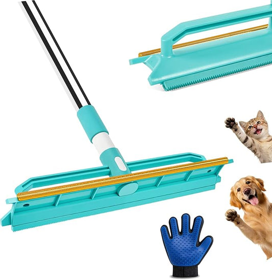 2-in-1 Carpet Rake for Pet Hair Removal, Silicone & Metal Dual-Sided Carpet Rake with 52” Telescopic Adjustable Long Handle, Pet Hair Remover Tool Kit for Rugs/Mats/Sofa Cat Dog Hair