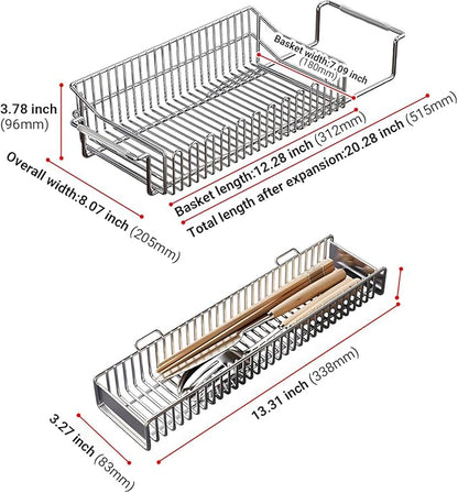 304 Stainless Steel Over Sink Counter Top Perfect Dish Drainer, Extendable Drainage Basket Drying Rack for Fruit, Vegetables, and Dishes - Corrosion-Resistant, Space-Saving