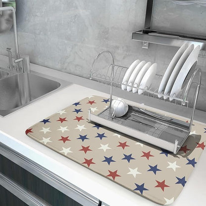 Patriotic July of 4th Blue Red White Star Dish Drying Mat for Kitchen Counter 18x24 Independence Day Absorbent Reversible Microfiber Drying Mats Kitchen Countertop Protector Dishes Drainer Rack Pad