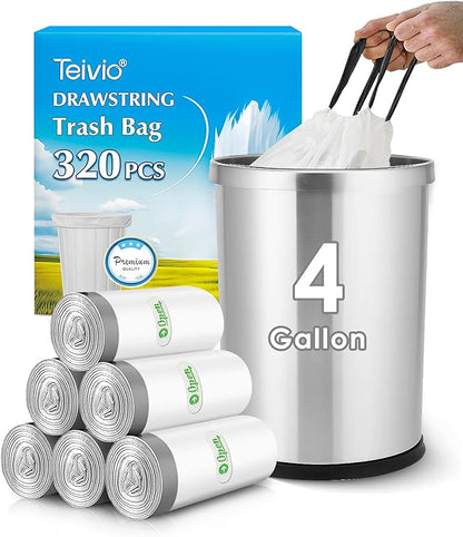 4 Gallon 320 Counts Strong Drawstring Trash Bags Garbage Bags by Teivio, Bathroom Trash Can Bin Liners, Small Plastic Bags for home kitchen office, White