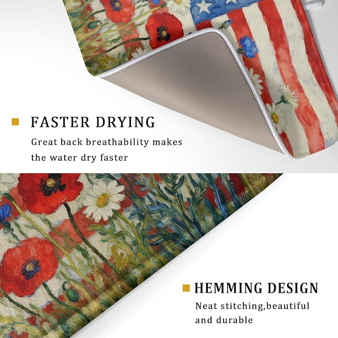 Patriotic American Flag Dish Drying Mat for Kitchen Counter 18x24 4th of July Red Blue White Floral Rustic Absorbent Reversible Microfiber Drying Mats Kitchen Countertop Protector Dishes Drainer Pad