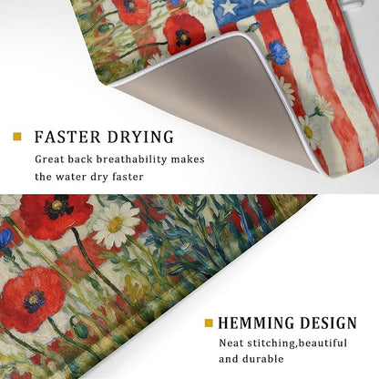 Patriotic American Flag Dish Drying Mat for Kitchen Counter 18x24 4th of July Red Blue White Floral Rustic Absorbent Reversible Microfiber Drying Mats Kitchen Countertop Protector Dishes Drainer Pad