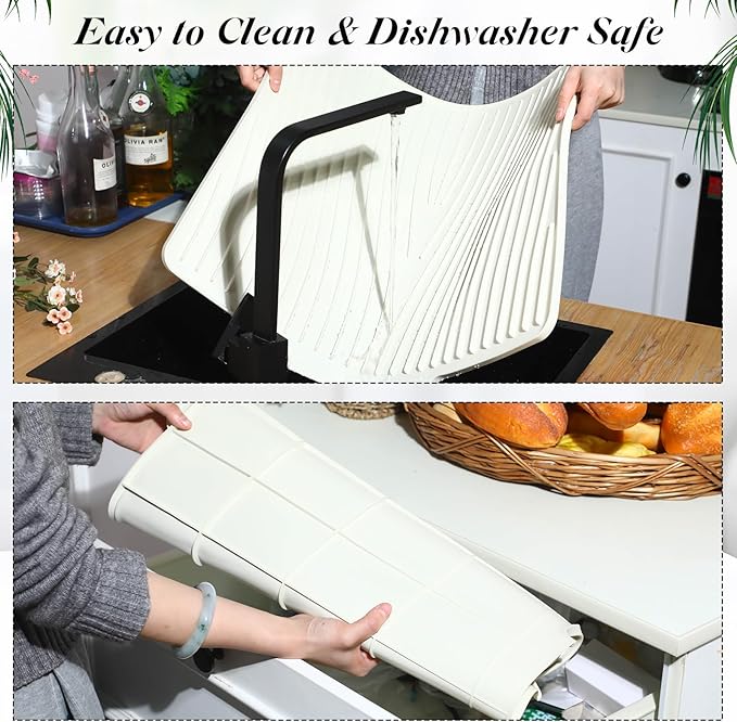 Teenyyou Extra Large Silicone Dish Drying Mat For Kitchen Counter Drying Pad 23.6 x 19 Inch Rubber Dish Drainer Mat with Drain Lip for Sink Drawer Liner(Beige)