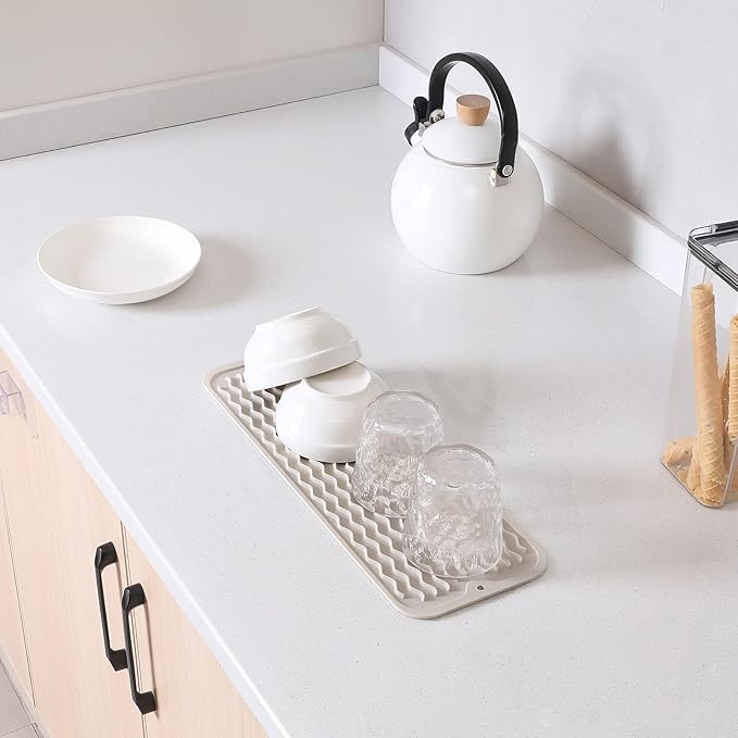 MicoYang Silicone Dish Drying Mat for Multiple Usage,Easy clean,Eco-friendly,Heat-resistant Silicone Mat for Kitchen Counter,Sink,Bar,Bottle,or Cup Tapioca M 17 inches x 6 inches