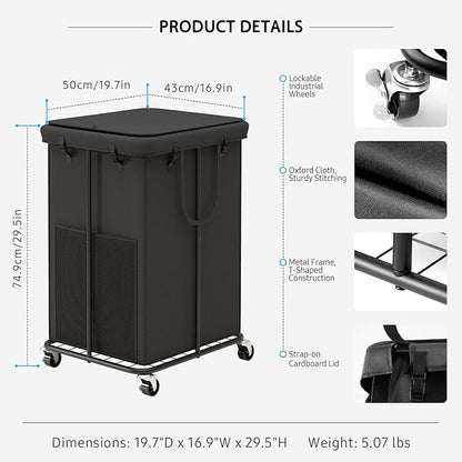 160L Large Laundry Hampers with Lid, Oxford Fabric Laundry Hampers, Metal Frame and Removable Bag Design with Wheels, Suitable for Bedroom, Bathroom, Dorm Room, Laundry Room (Black Lid Rope)