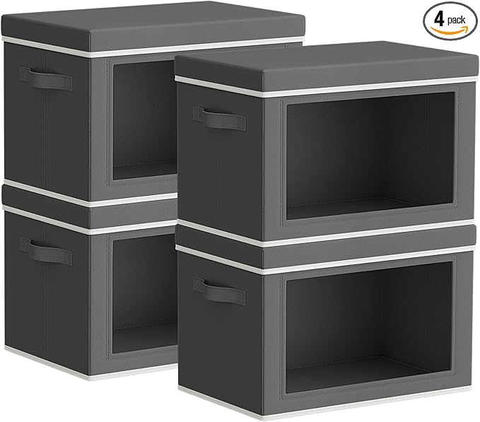 Storage Bins with Lids - Small Fabric Organizers with Window, Collapsible Storage Bins for Clothes, Decorative Closet Organizers for Towels, Tshirt, 4 Pack, Dark Grey