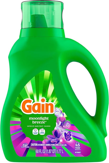 Gain Liquid Laundry Detergent with Odor Defense, Moonlight Breeze Scent, Liquid Detergent And Laundry Soap For HE Washing Machines, 60 fl oz, Pack of 2 (Packaging May Vary)