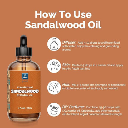 GM Gumili Sandalwood Essential Oil 4 Oz, 100% Pure Sandalwood Oil for Diffuser, Skin, Hair, Body & Face, Perfume Base Note for Men & Women, Aromatherapy & Massage