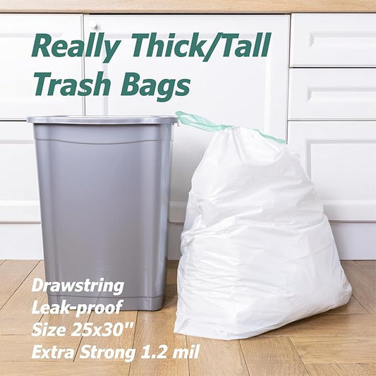 13 Gallon Tall Kitchen Drawstring Trash Bags - 1.2 Mil Extra Strong - Large Drawstring Garbage Bags - Large Plastic Bags - Individual, Unscented, White, 25" x 30", 40 Count
