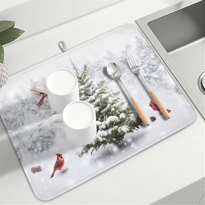 Winter Forest Dish Drying Mat for Kitchen Counter Silvery White Pine Trees Snow Snowflake Drying Mat 18x24 Inch Holiday Absorbent Dish Drainer Mat Kitchen Accessories
