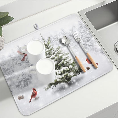 Winter Forest Dish Drying Mat for Kitchen Counter Silvery White Pine Trees Snow Snowflake Drying Mat 18x24 Inch Holiday Absorbent Dish Drainer Mat Kitchen Accessories