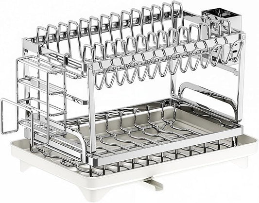TarnorLe Double Layer Dish Drying Rack, Storage Super Large Bowl Dish Rack, Multifunctional Kitchen Countertop with Drain Pan, 304 Stainless Steel Kitchen Drying Rack, Tableware, Glass Drying Rack