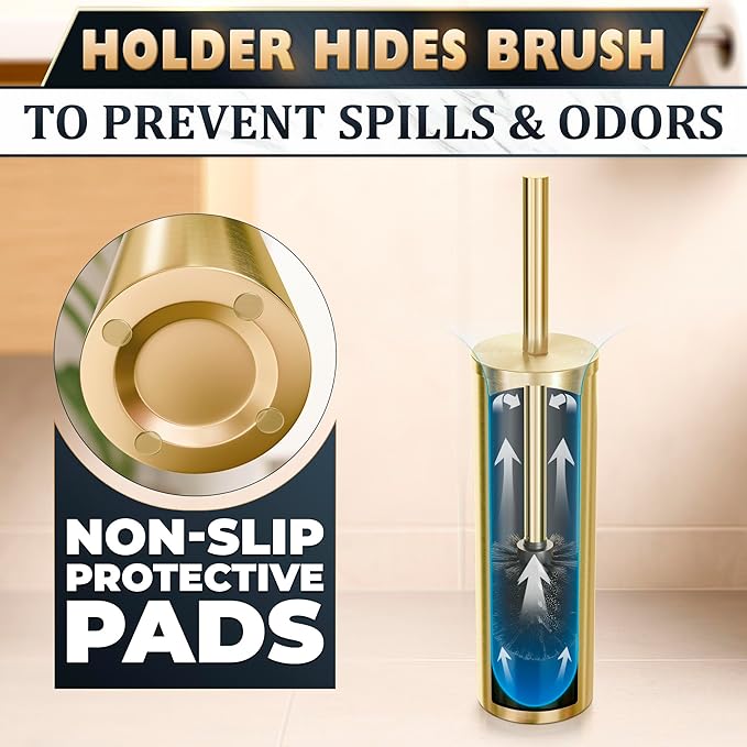 Gold Toilet Brush and Holder Set - Brushed Stainless Steel Gold Toilet Bowl Brush and Holder with Replaceable Head, Removable Inner Bowl, and Splash Protection - Dense Bristles for Thorough Cleaning