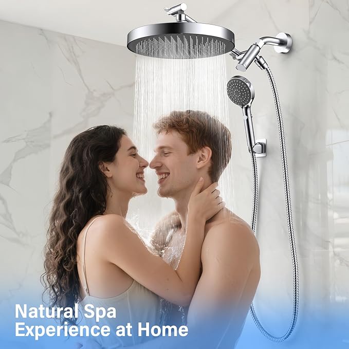 FASDUNT High Pressure Rain Shower Head with Handheld Spray Combo, 10" Rainfall Shower Head with Adjustable Integrated Extension Arm, Detachable Dual Shower Heads with 80" Long Stainless Steel Hose