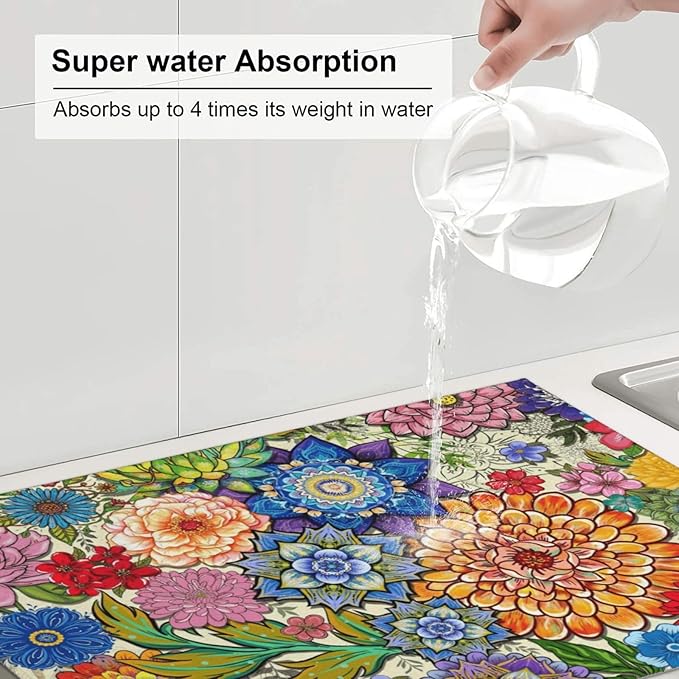 Boho Floral Dish Drying Mats for Kitchen Counter 18" x 24", Absorbent Microfiber Colorful Drying Pad for Dishes, Washable Foldable Reversible Decorative Kitchen Mat for Dining Area Sink, Home Decor