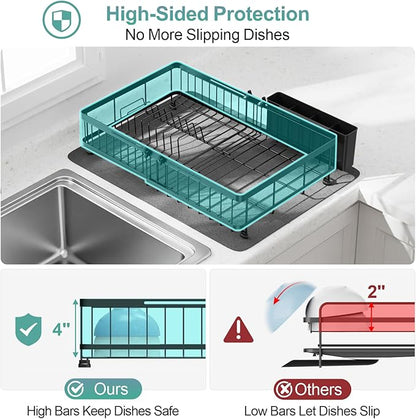 GSlife Family Size Large Capacity Expandable Dish Drying Rack with Absorbent Mat, Rust Resistant Dish Drainer for Plates Bowls Pots and Pans, 16.5"-21.3" L x 14.7" W, Black