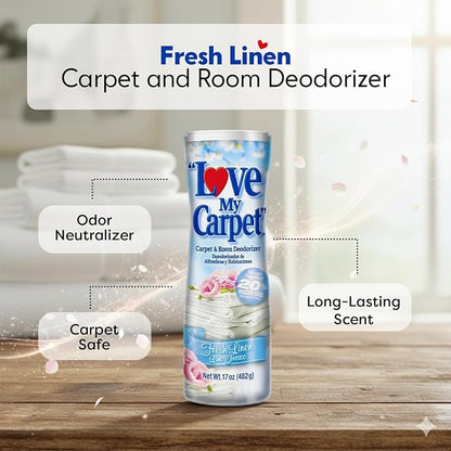 6 Love My Carpet | Carpet Deodorizer & Freshener Powder | 17 oz Pet Odor Eliminator for Strong Odor & Pet Urine | FRESH LINEN | Safe for Homes with Pets