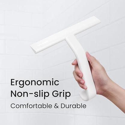 dancemoon JustHang Shower Squeegee for Glass Doors, All-in-One Award-Winning Silicone Squeegee with Built-in Hook for Bathroom, Window, Mirror, Tile Wall, Car, Streak-Free Cleaner Tool, 10-Inch White