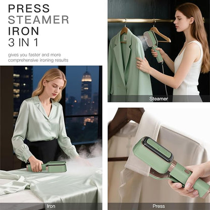 Handheld Press Steamer for Clothes, 3-in-1 Mini Travel Press Iron, 180° Rotatable, 1000W 15s Fast Heat-Up, Portable Garment Wrinkle Remover for Collars & Cuffs (Matcha Green)