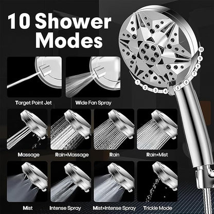 Filtered High Pressure Handheld Shower Head – 10 Spray Modes with Rain & Massage, Built-in Filter for Cleaner Water, Anti-Clog Nozzles, Power Rinse for Tile & Pets, Chrome Finish