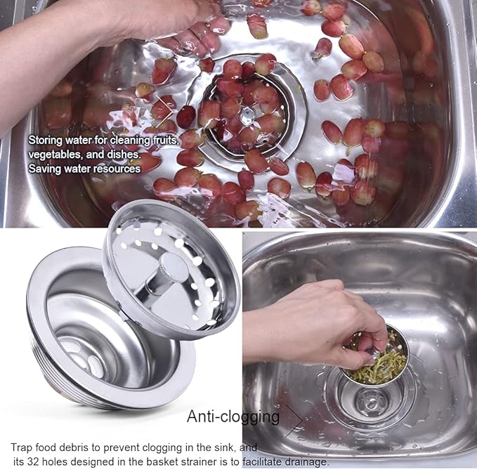 Kitchen Drop-in Post Basket Strainer Replacement for US Standard Drains (3-1/2"), Premium 304 Stainless Steel Body W/Rubber Stopper 1 Pack