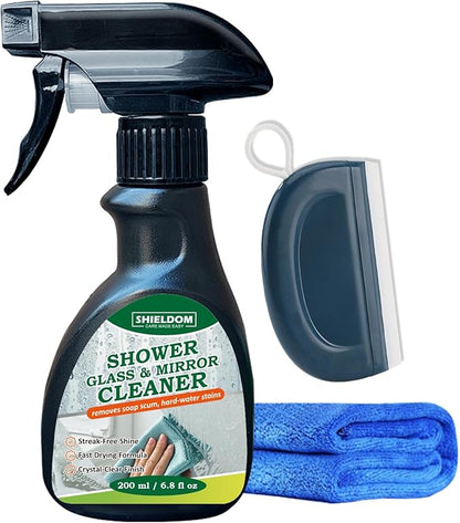 Shower Glass Cleaner, Glass Window & Mirror Cleaning Hard Water Stains Remover Removes Soap Scum/Water Spot/Fingerprint/Dirt with Squeegee & Towel for a Streak-Free Shine 6.8fl oz/200ml