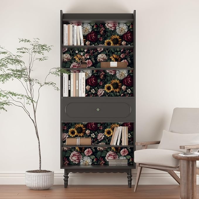 Extra Long Dark Green Leaf Floral Wallpaper 17.5In x 393In, Vintage Flower Garden Botanical Removable Wallpapers Self-Adhesive Contact Paper for Bedroom Cabinet, Accent Wall Decor Hunter Green