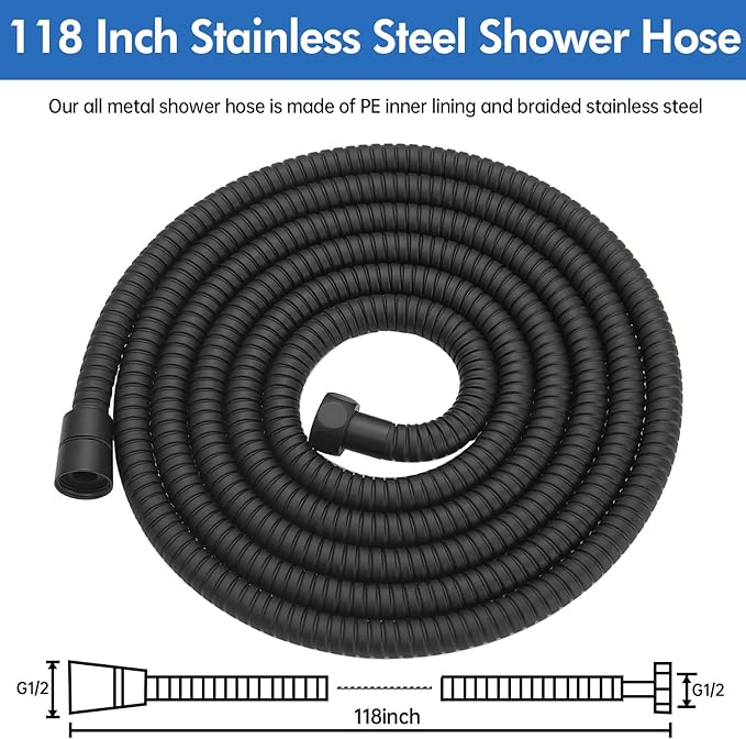 RUMOSE 118 inches Shower Hose Shower Head Extension Hose Extra Long Stainless Steel Shower Tube Attachment Flexible Handheld Shower Sprayer Hose, Matte Black