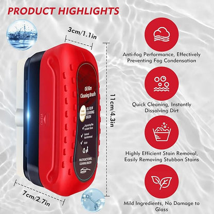 Automotive Oil Film Cleaning Brush with Reusable Foam Sprayer, Upgraded Antifog Glass Cleaning Board, Glass Oil Film Remover for Car Windows & Windshields, Versatile Car Glass Cleaner Brush (Red)