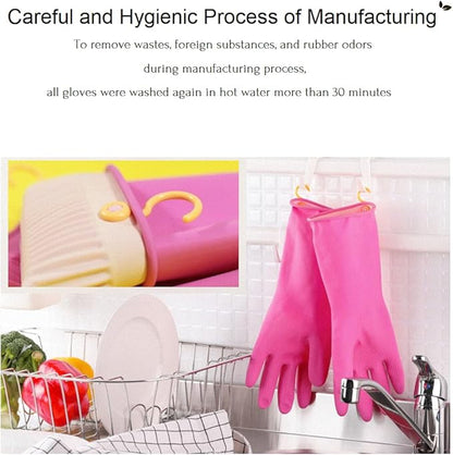 Myungjin 2 Pairs Reusable Waterproof Non-Slip Honeycomb Grip Latex Rubber Gloves with Hang-Dry Hooks/Hanging Loops for Dishwashing Household Cleaning Cooking (Large)