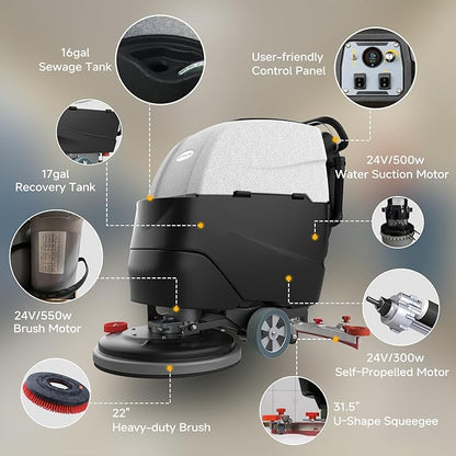 AF2217 Self-Propelled Auto Floor Scrubber with Traction Drive, 22" Path, 17-Gal Tank, Up to 38,000 ft²/h, Lithium Battery for Warehouses, Schools, Hospitals, Airports