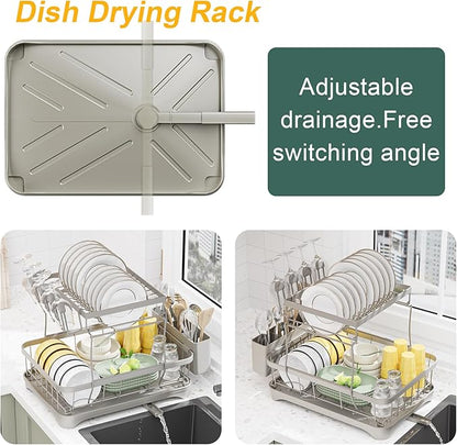 LIYI Dish Drying Rack,Large Dish Rack for Kitchen Counter,2-Tier Dish Racks with draining Tray,Detachable Capacity Dish Drainer Organizer,Grey