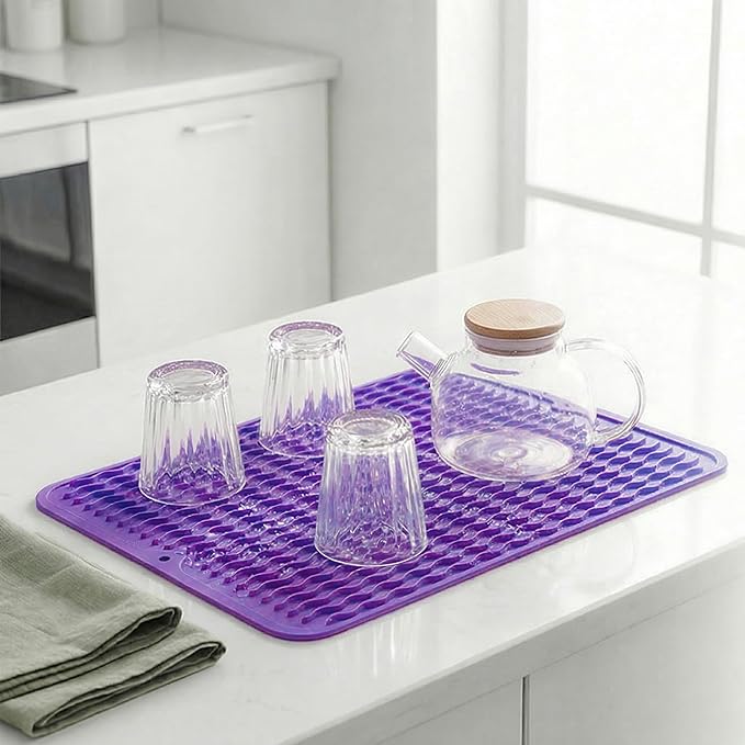 MicoYang Silicone Dish Drying Mat for Multiple Usage,Easy clean,Eco-friendly,Heat-resistant Silicone Mat for Kitchen Counter or Sink,Refrigerator or drawer liner Purple L 16 inches x 12 inches