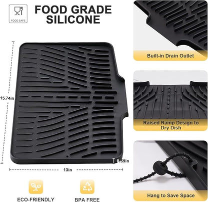 Silicone Dish Drying Mat for Kitchen Counter,Non-Slip Dish Drying Pad with Drain Lip,Heat Resistant Sink drying Mat for Dishes,Large Rubber dish drain mat dish rack mat (Black,15.8"x13")