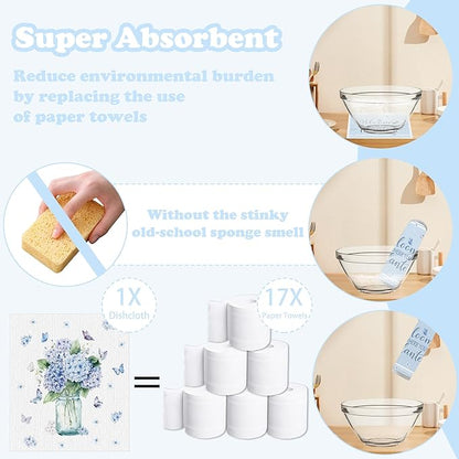 Swedish Dishcloths for Kitchen, 6 Pack Spring Summer Hydrangea Floral Kitchen Towels, Non-Scratch Swedish Dish Cloths Reusable Paper Towels Super Absorbent Cellulose Sponge Cloths