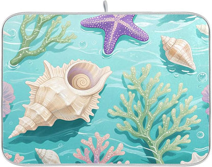 Coral Sea Shells Stars Pattern Dish Drying Mat for Kitchen Counter Super Absorbent Drying Mat 16x18 inch Large Dish Drying Matts for Countertop Protector Dishes Pad