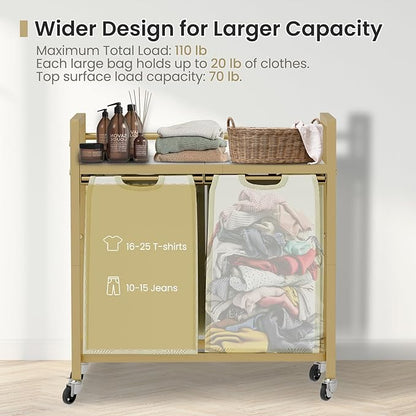 Laundry Hamper, Laundry Basket, Laundry Sorter with 3 Removable Bags, Clothes Basket with 3 Compartments, Wheels, Shelf for Laundry Room Bathroom Bedroom (2 Bags-Golden)