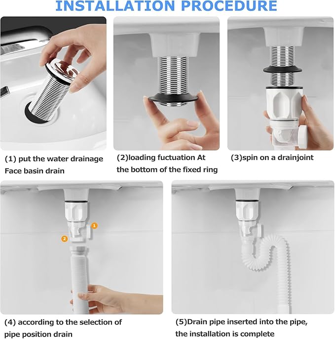 Bathroom Sink Drain Kit, Flexible P-Trap Sink Drain Pipe with Pop Up Stopper, Bathroom Sink Pipe Replacement Kit for 1-1/4'' & 1-1/2'' Holes, Anti-Clogging Stopper (White)