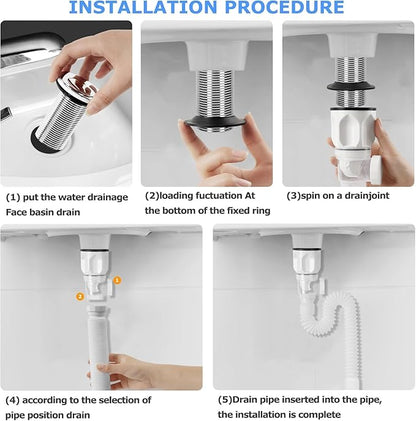 Bathroom Sink Drain Kit, Flexible P-Trap Sink Drain Pipe with Pop Up Stopper, Bathroom Sink Pipe Replacement Kit for 1-1/4'' & 1-1/2'' Holes, Anti-Clogging Stopper (White)