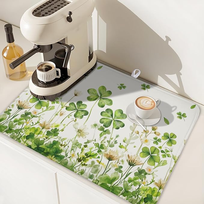 St Patrick's Day Dish Drying Mat 18 x 24 Inch Green Clover Dish Drainer Rack Mat Absorbent Microfiber Mats for Shamrock Dish Pad Spring Lucky Dish Pad for Kitchen Bar Decor