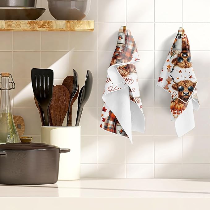 Highland Cow Fall Kitchen Towels, 6PCS Hey Fall Dish Towels Pumpkin Maple Leaf for Cooking Cleaning, Thanksgiving Autumn Decorative Tea Towel for Home Kitchen Bathroom(16 X 24 Inches)