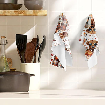 Highland Cow Fall Kitchen Towels, 6PCS Hey Fall Dish Towels Pumpkin Maple Leaf for Cooking Cleaning, Thanksgiving Autumn Decorative Tea Towel for Home Kitchen Bathroom(16 X 24 Inches)