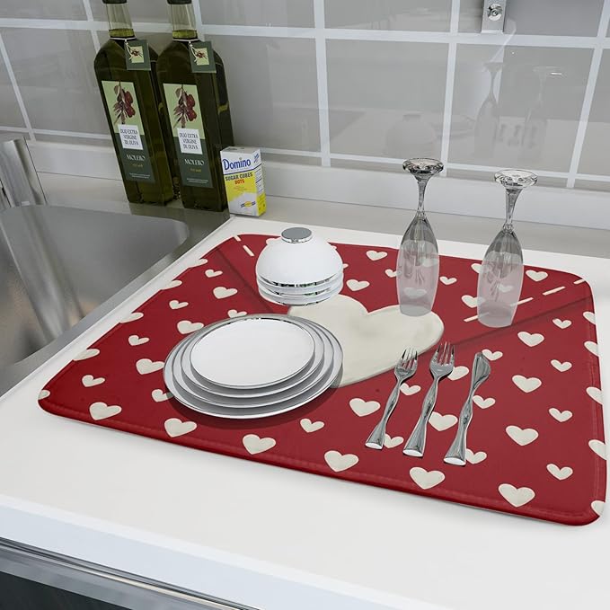 Valentines Day Dish Drying Mat for Kitchen Counter 18x24 Cream Red Love Heart Valentines Holiday Themed Absorbent Reversible Microfiber Drying Mats Kitchen Countertop Protector Dishes Drainer Pad