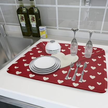 Valentines Day Dish Drying Mat for Kitchen Counter 18x24 Cream Red Love Heart Valentines Holiday Themed Absorbent Reversible Microfiber Drying Mats Kitchen Countertop Protector Dishes Drainer Pad