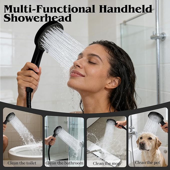 12 Inch Shower Head, Rain Shower Head with Adustable Extension Arm, Detachable Matte Black Rina Shower Head with Handheld Spray, High Pressure Shower Hose with Holder in Bathroom(Black)