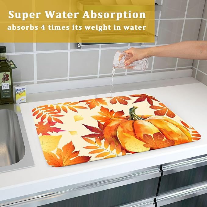 Autumn Pumpkin Maple Leaf Dish Drying Mat for Kitchen Counter,Thanksgiving Fall Holiday Drying Mat with Hanging Loop 18 x 24 Inch Microfiber Dish Drying Pad Dish Rack Drainer Mat for Coffee Bar